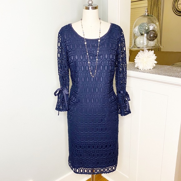 R&K Dresses & Skirts - Navy Blue Lace Crochet Casual Shift Dress w Ties